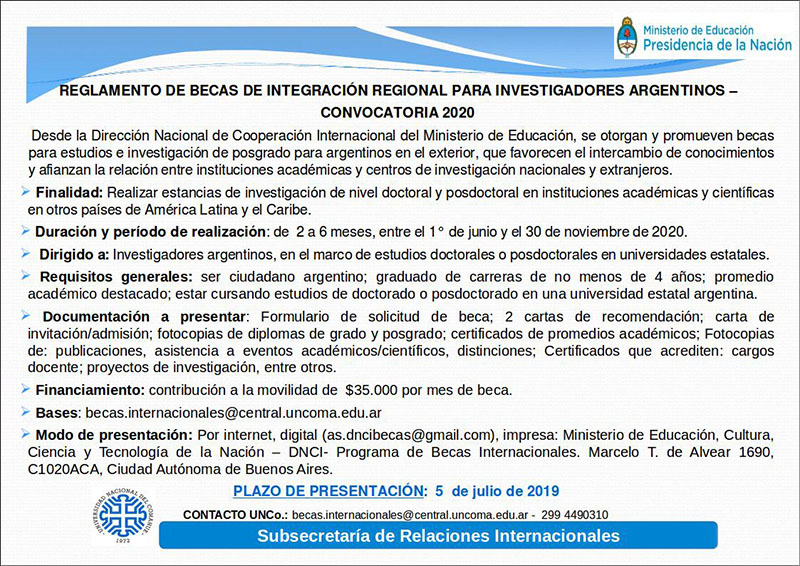 REGLAMENTO DE BECAS DE INTEGRACIÓN REGIONAL PARA INVESTIGADORES ARGENTINOS – CONVOCATORIA 2020