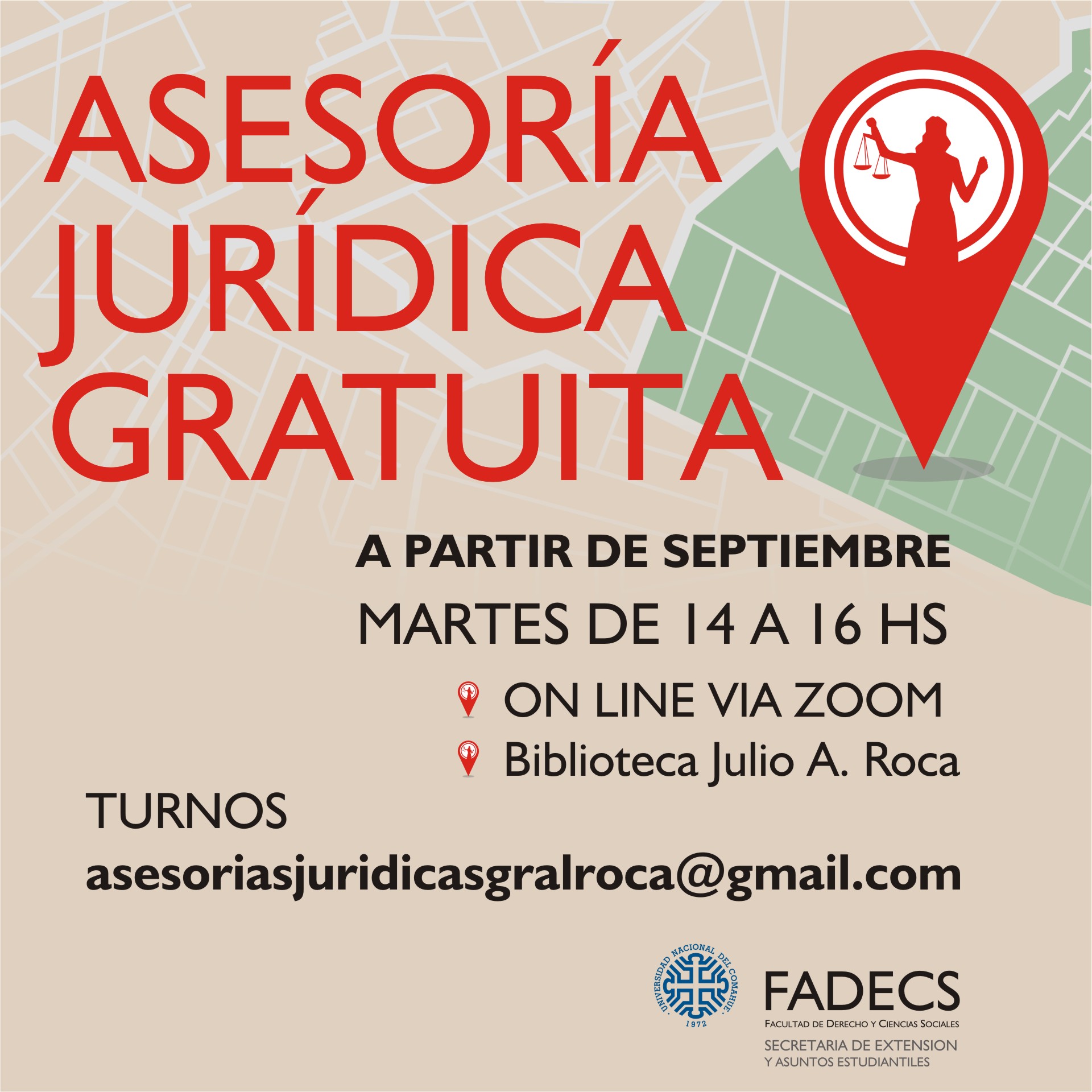 ASESORÍA JURÍDICA GRATUITA ON LINE Y EN BIBLIOTECA DE GENERAL ROCA