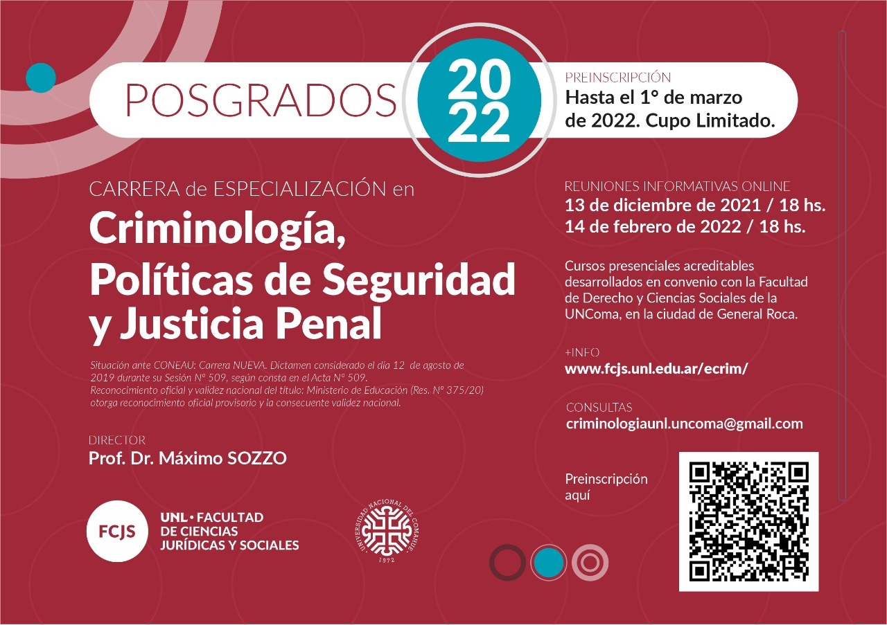 ESPECIALIZACIÓN EN CRIMINOLOGÍA, POLÍTICAS DE SEGURIDAD Y JUSTICIA PENAL